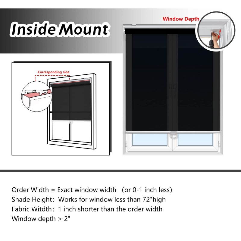 AOSKY Cordless Roller Shades for Windows Light Filtering Shades with 5% Openness Solar Screen Semi Sheer Roller Blinds UV Protection for Office and Home. Easy to Install 23" W x 72" H (Black) - Image 5