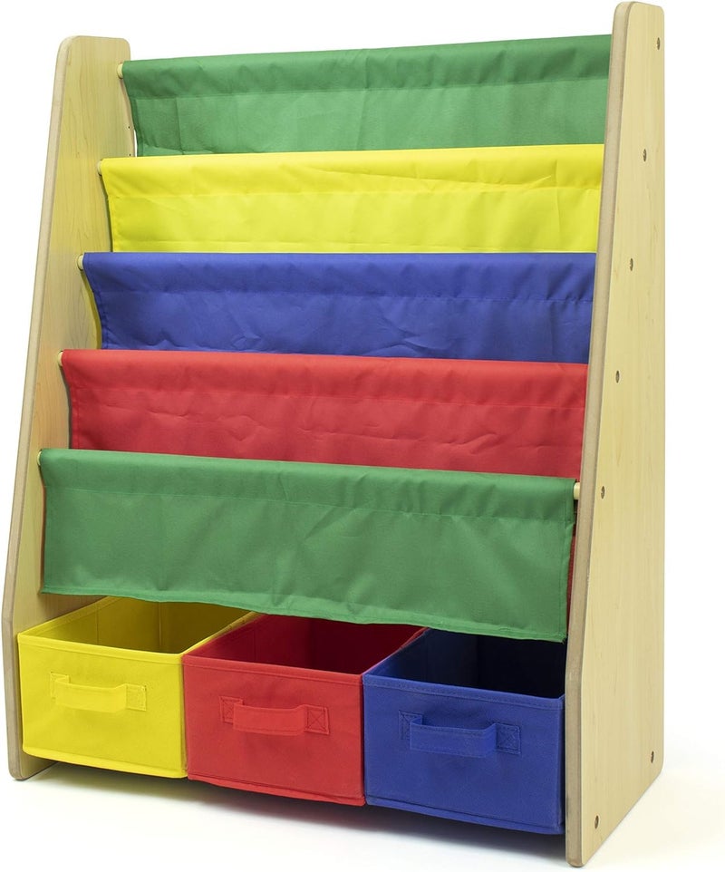 Homesmiths Book Shelf with Storage Boxes 4 Extra Large Book Sleeves Along with 3 Large Boxes for Books and Toys Natural Wood Finish with Primary Color Accents - Image 2