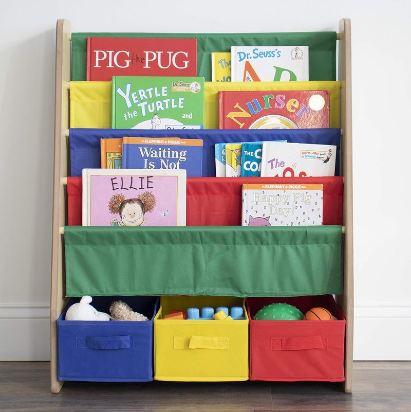 Homesmiths Book Shelf with Storage Boxes 4 Extra Large Book Sleeves Along with 3 Large Boxes for Books and Toys Natural Wood Finish with Primary Color Accents - Image 5
