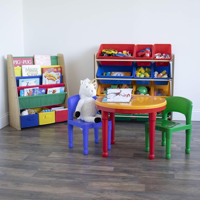 Homesmiths Book Shelf with Storage Boxes 4 Extra Large Book Sleeves Along with 3 Large Boxes for Books and Toys Natural Wood Finish with Primary Color Accents - Image 3