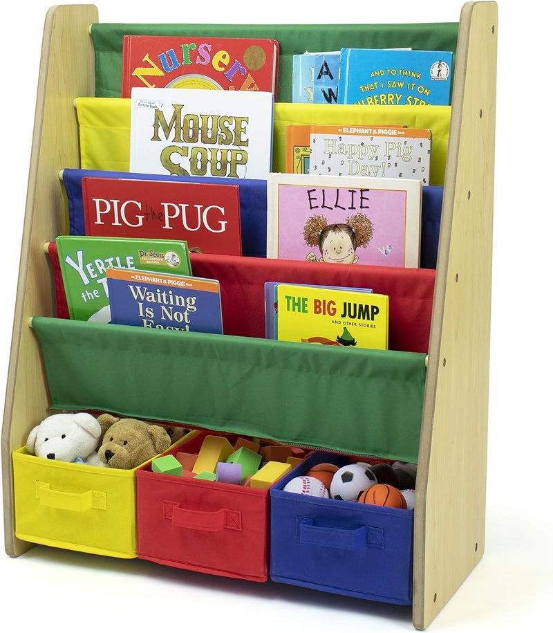 Homesmiths Book Shelf with Storage Boxes 4 Extra Large Book Sleeves Along with 3 Large Boxes for Books and Toys Natural Wood Finish with Primary Color Accents - Image 1
