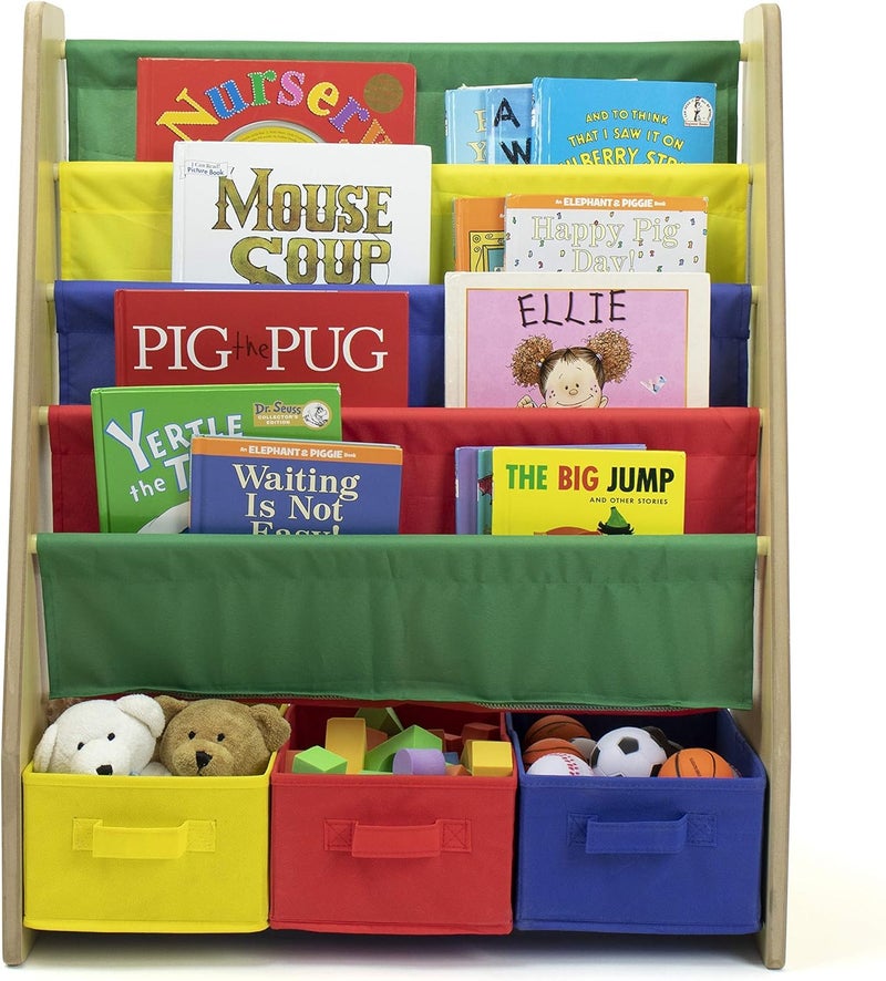 Homesmiths Book Shelf with Storage Boxes 4 Extra Large Book Sleeves Along with 3 Large Boxes for Books and Toys Natural Wood Finish with Primary Color Accents - Image 4