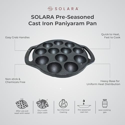 SOLARA مقلاة بانيارام من الحديد الزهر SOLARA بحجم 8 بوصة (20 سم) (12 تجويف) | مقلاة للأبي/غونتا بونغانالو/بادو | أواني طهي من الحديد الزهر - Image 2