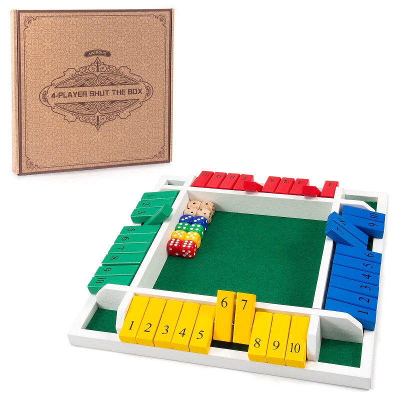 AMEROUS Shut The Box Dice Game-12 inches-Colorful Design-1-4 Players-12 Dice-Gift Package, Classic 4 Sided Wooden Board Game for Adults Kids, Classics Board Game - Image 1