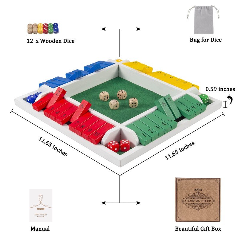 AMEROUS Shut The Box Dice Game-12 inches-Colorful Design-1-4 Players-12 Dice-Gift Package, Classic 4 Sided Wooden Board Game for Adults Kids, Classics Board Game - Image 4