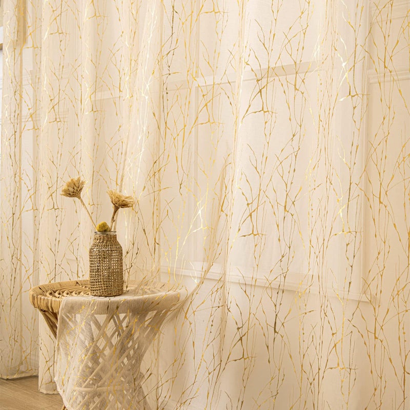 Deeprove الستائر الشفافة العميقة 72 بوصة طول 2 لوحات شجرة ذهبية لغرفة نوم غرفة المعيشة غرفة الطعام مجردة الجرة المعاد - Image 1