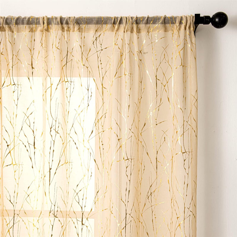 Deeprove الستائر الشفافة العميقة 72 بوصة طول 2 لوحات شجرة ذهبية لغرفة نوم غرفة المعيشة غرفة الطعام مجردة الجرة المعاد - Image 2