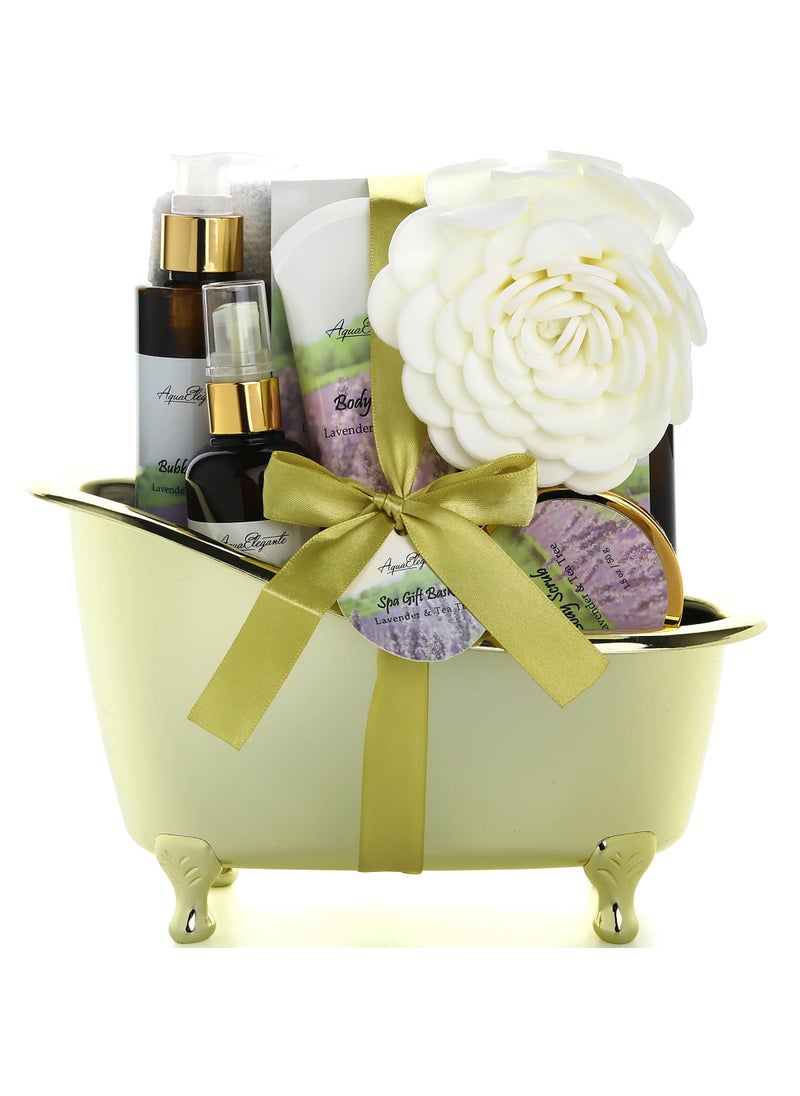 Aqua Elegante Spa Gift Baskets For Women - Luxury Bath Set With Lavender & Tea Tree Oil - Spa Kit Includes Body Wash, Bubble Bath, Lotion, Bath Salts, Body Scrub, Body Spray, Shower Puff, and Towel 