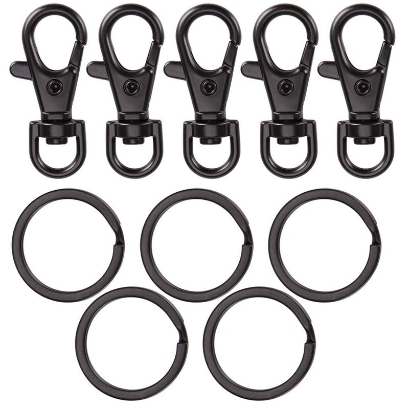 5 Set Key Chain Flat Key Rings Women Metal Swivel Clasps SnapOn Keychain Ring Hook Spring Clip Snap Hook Lobster Clasp for Keys Lanyards Jewelry Findings Round Edge Black