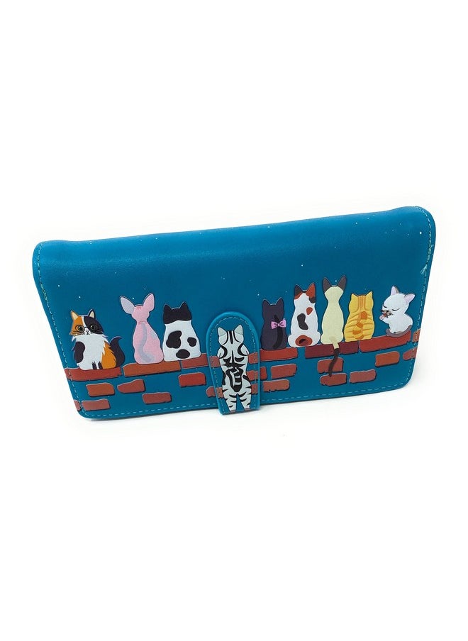 Shag Wear Cats In A Row Large Animal Wallet For Women Faux Vegan Leather 7 Teal  - Image 1