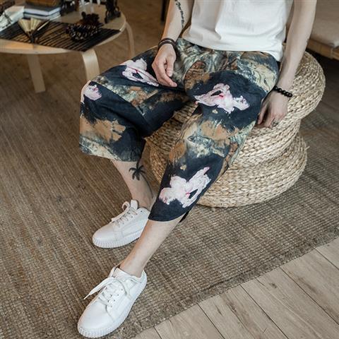 Summer Linen Chinese Style Mens Capri Pants Lotus - Image 1