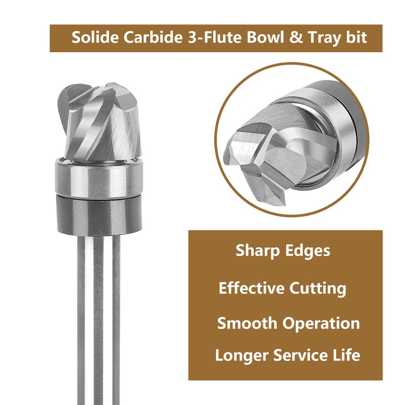 SpeTool Bowl and Tray Router Bit 1/4" Shank, 1/2" Dia 1/4" Radius 3/8" Height, 3-Flute Solid Carbide Pattern Flush Trim Router Bit, Round Nose for Wood Dish Bowl Carving - Image 5