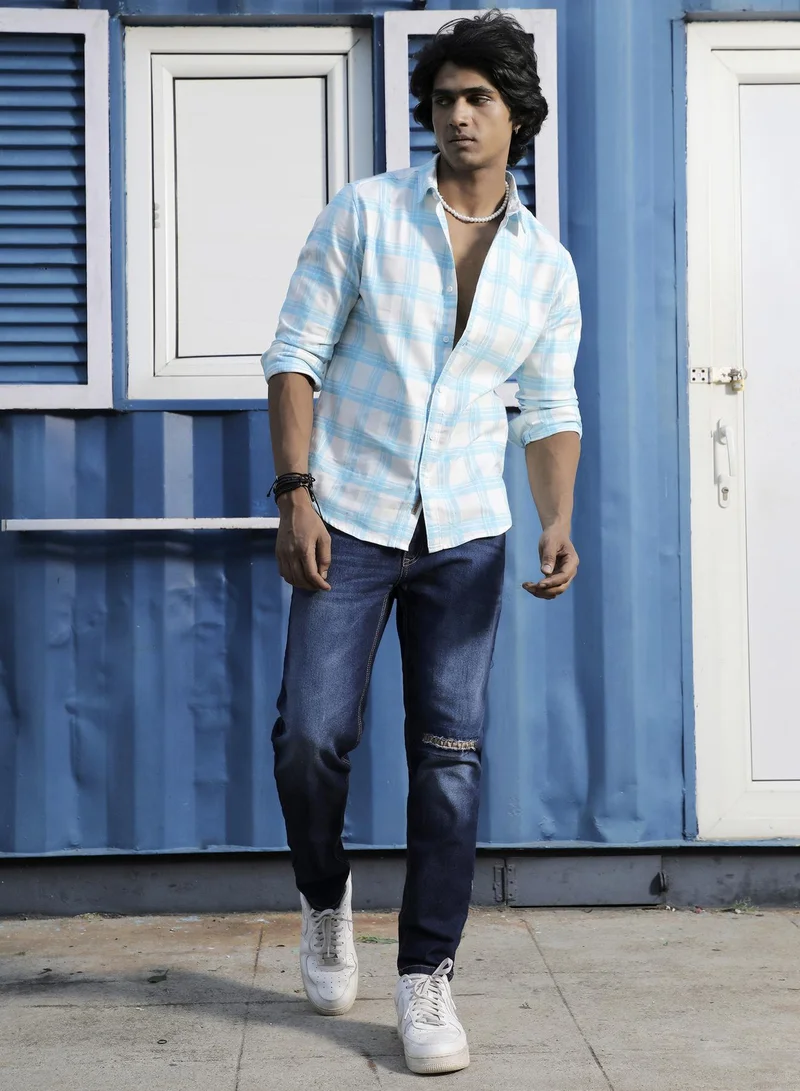 Campus Sutra Men's White & Light Blue Tartan Plaid Shirt