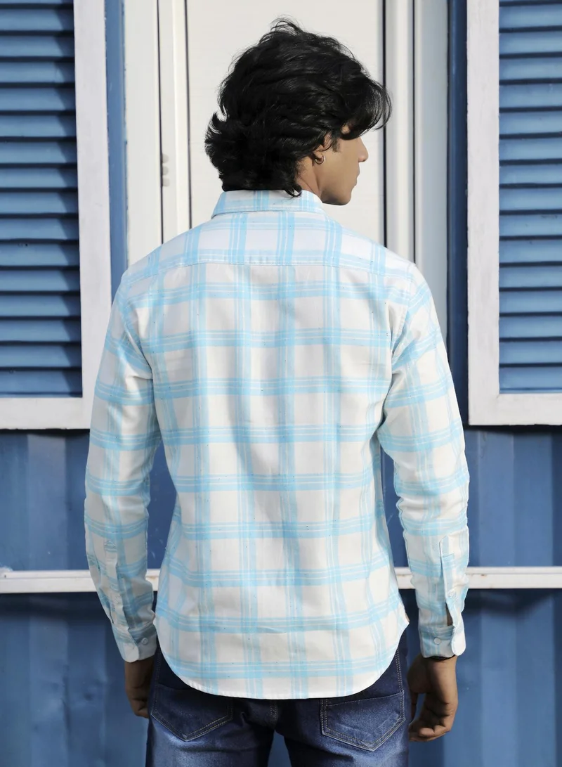 Campus Sutra Men's White & Light Blue Tartan Plaid Shirt