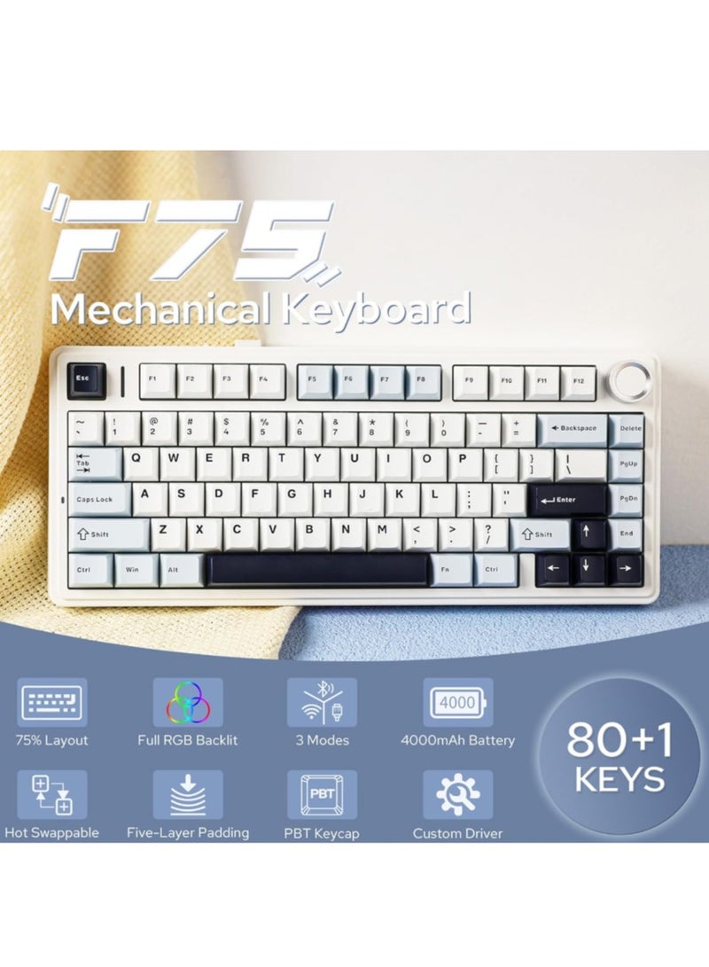 ابوماكر كيبورد العاب EPOMAKER x AULA F75 جاسكيت ميكانيكال قابلة للتبديل السريع بنسبة 75% مع بطانة من خمس طبقات وأزرار مزود بإمكانية اتصال عن طريق بلوتوث/لاسلكي/USB-C، RGB ايبوميكر، لون أزرق فاتح، مفتاح ايس فين - Image 1