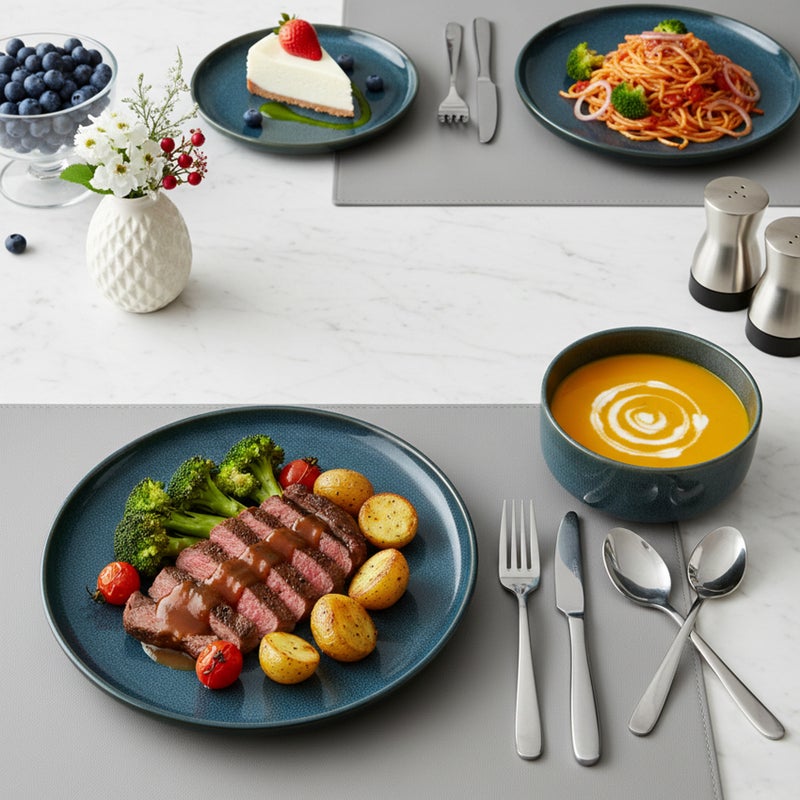 Shallow Stoneware TIM 18 PC Dinner Set, Blue | Lightweight Dinnerware Set for 6 People, 6 Dinner Plates 6 Side Plates 6 Bowls Modern Stackable Dining for Everyday Home Dining Tableware - Image 5