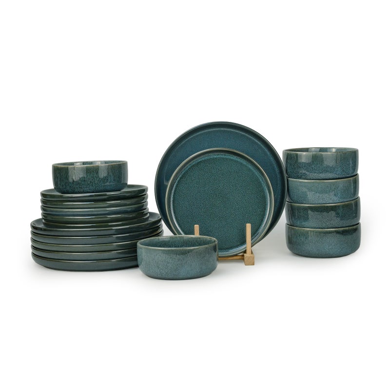 Shallow Stoneware TIM 18 PC Dinner Set, Blue | Lightweight Dinnerware Set for 6 People, 6 Dinner Plates 6 Side Plates 6 Bowls Modern Stackable Dining for Everyday Home Dining Tableware - Image 1