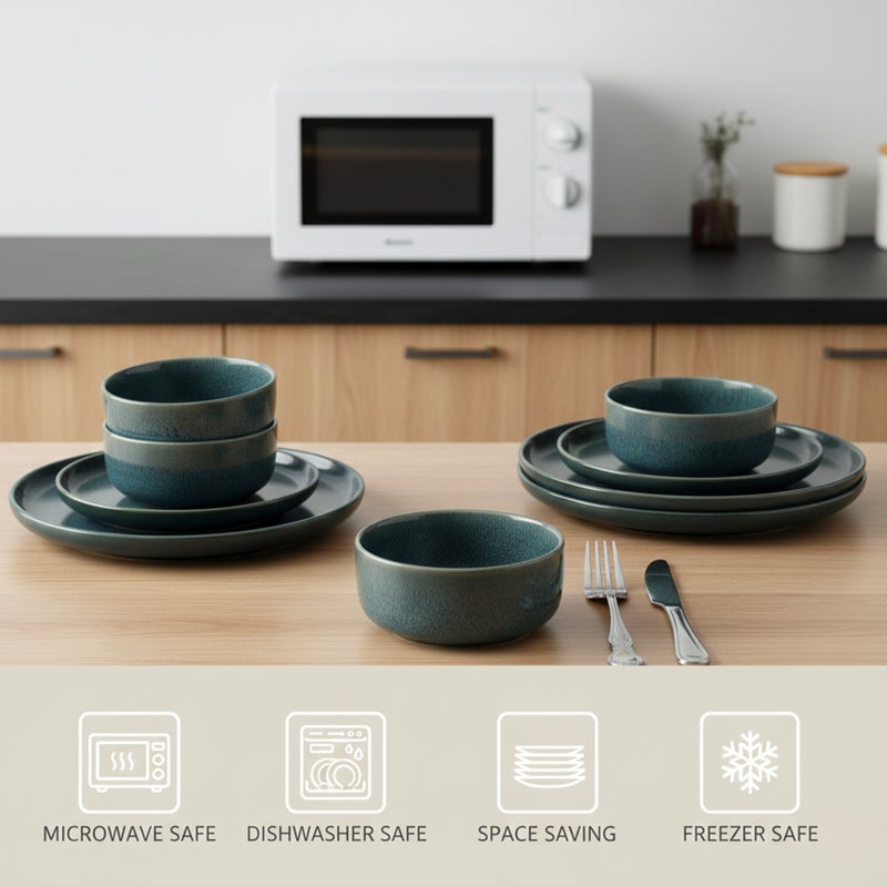 Shallow Stoneware TIM 18 PC Dinner Set, Blue | Lightweight Dinnerware Set for 6 People, 6 Dinner Plates 6 Side Plates 6 Bowls Modern Stackable Dining for Everyday Home Dining Tableware - Image 4