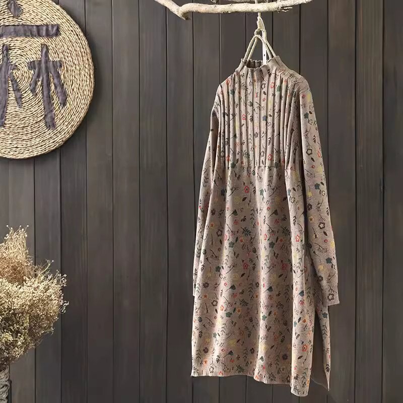 Vintage Printed Half-turtleneck Sweater Dress 2024 Spring Mid-length Loose plus size Pullover Cotton Thread Base Knitwear Khaki