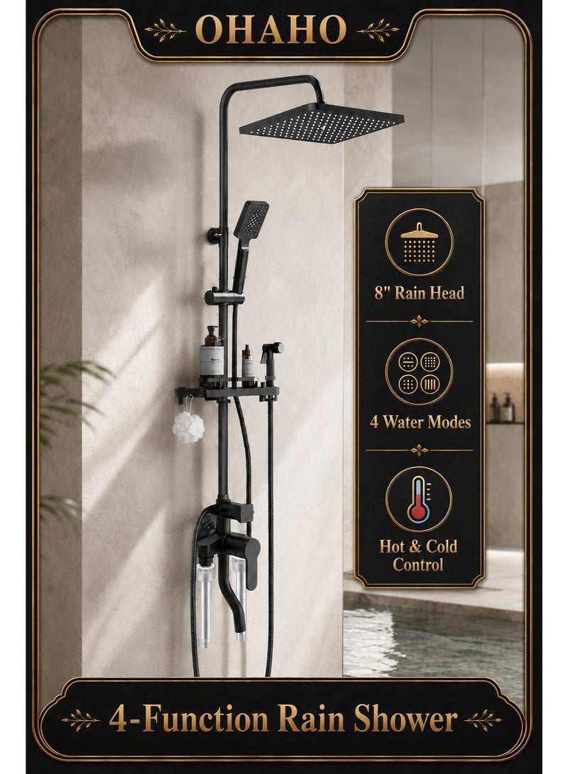 OHAHO 8Inch Shower Set Square Rainfall Shower Head with Handheld Spray Wall Mount Liftable Shower Column Quadruple Function Bathroom Shower Faucet Set in Stainless Steel - Image 1
