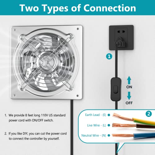 HG Power 6 Inch Exhaust Fan: Kitchen Exhaust Fans with Switch Portable Attic Vent Fan with 8 Feet Power Cord Plug-in Garage Ventilation Fan with Damper Shop Chicken Coop Basement Smoking Room Silver - Image 2