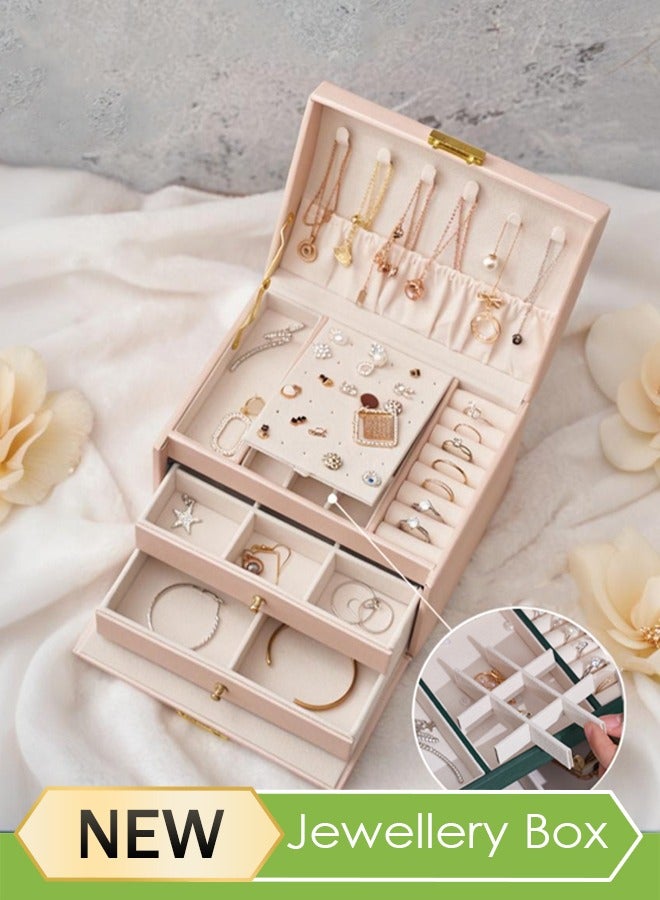 Jewelry Box Organizer for Women, 3-Layer Jewelry Organizer with Lock and Drawer, Portable Jewelry Stand for Rings, Bracelets, Earrings and Other Accessories - Image 2