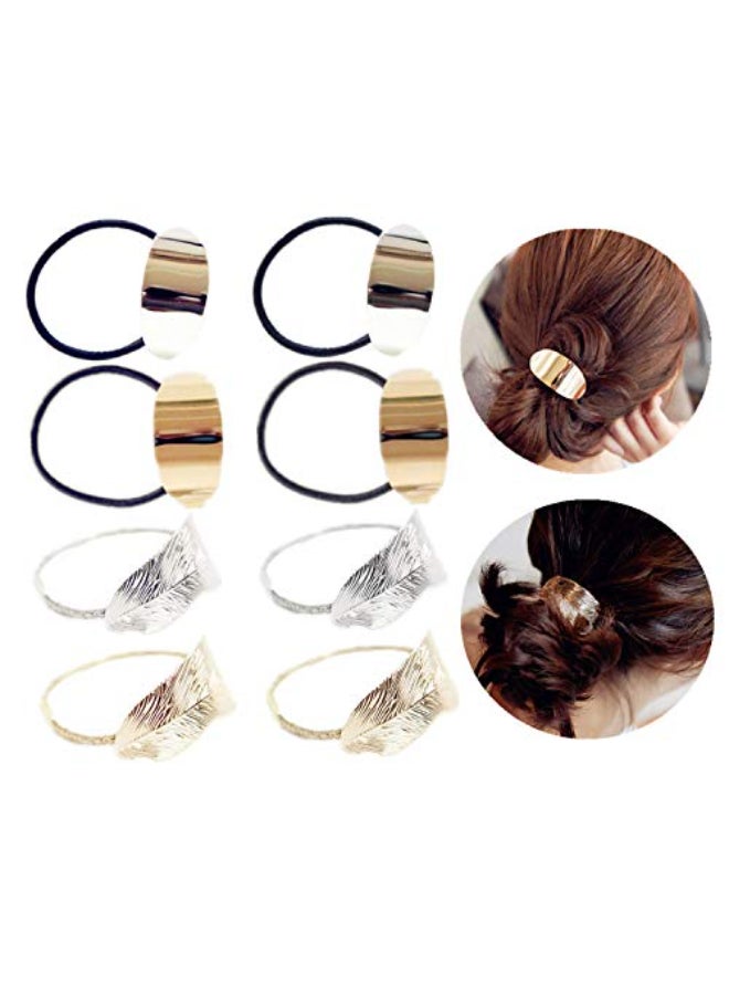 JinYu 8 Pcs Metal Leaf Hair Rope Hairband Ponytail Holder Hair Ring Crystal Elastic Rubber Band Hair Tie Hair Headdress Hair Accessories 2 Styles Gold and Silver - Image 1