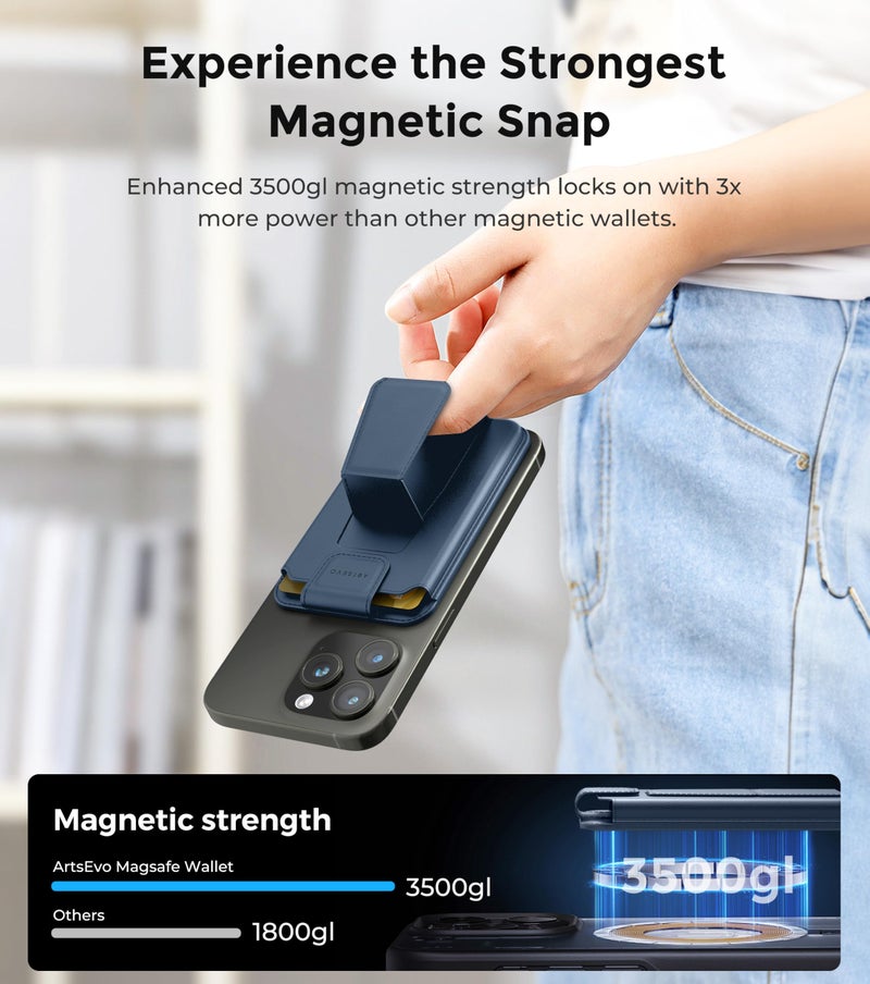 ArtsEvo Magnetic Wallet with Stand and Finger Loop, Up to 3,000g Magnet Strength, Compatible with iPhone Magnetic Wallet for iPhone 17/16/15/14/13/12 Series (Not for 13/12 Mini). Max 3 Card Holder - Image 2