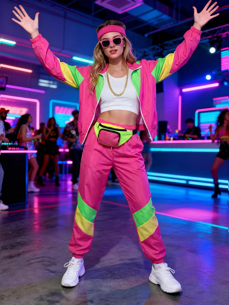 SOMSOC 7 Pieces 80s Tracksuit for Women 90s Windbreaker Sweatpants Outfit Color Block Jacket with Fanny Pack Accessories - Image 5