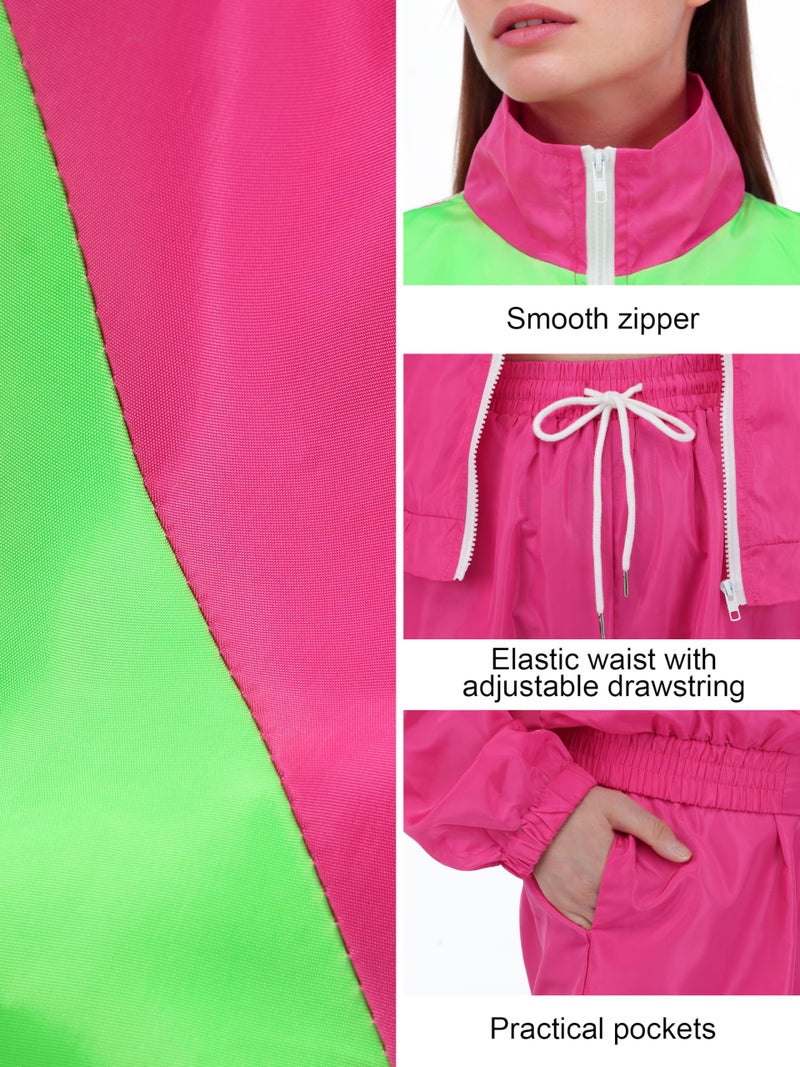 SOMSOC 7 Pieces 80s Tracksuit for Women 90s Windbreaker Sweatpants Outfit Color Block Jacket with Fanny Pack Accessories - Image 3