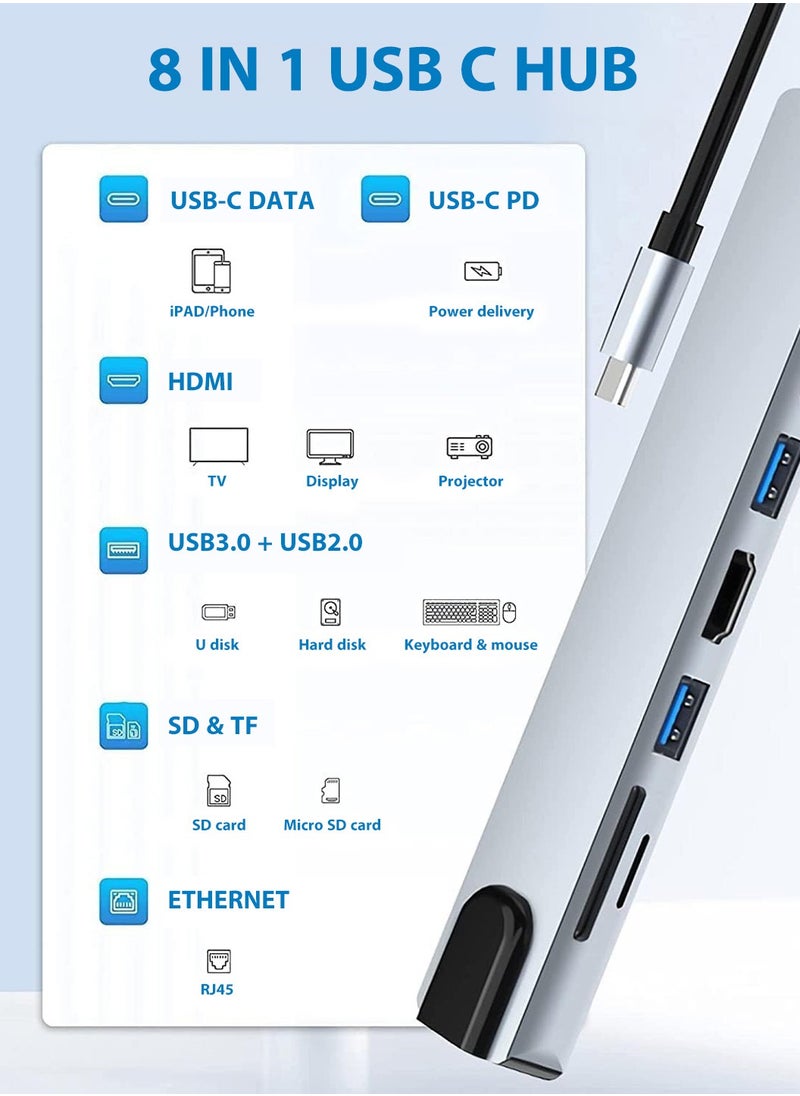 USB C HUB Docking Station,8-in-1 USB C Adapter with 4K HDMI,Compatible Air USB C Laptop and Other Type C Devices