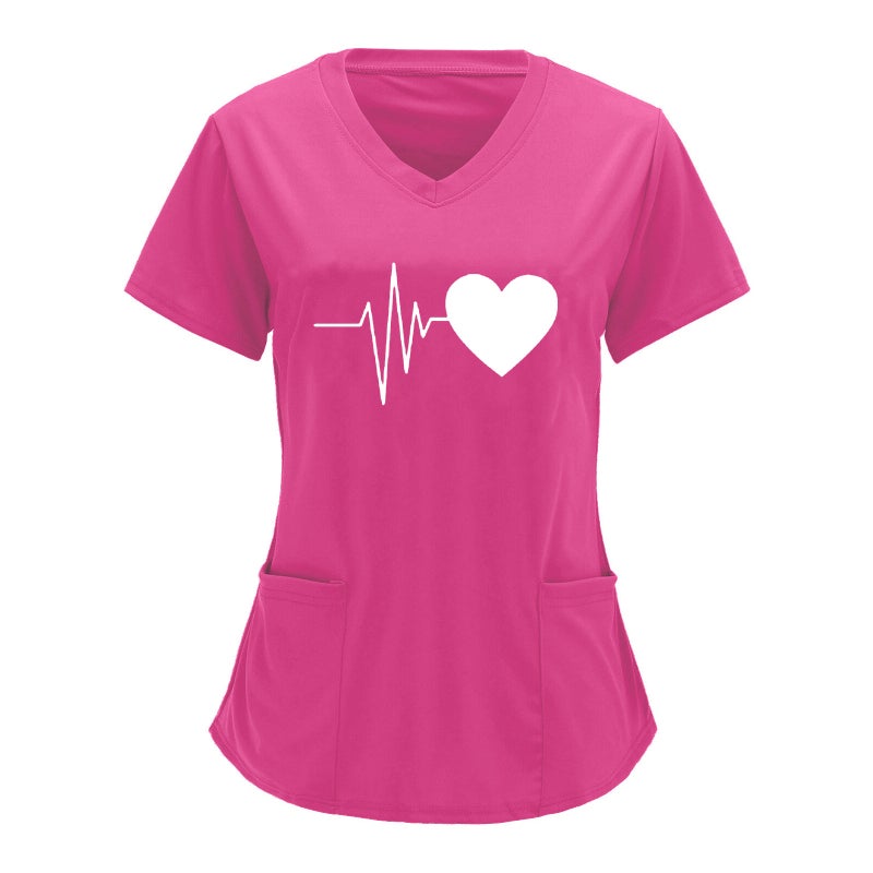 Cross-border European and American Nurses Wear and Care Tooling V-neck Double Pocket Heartbeat Love Printed Shirt Short-sleeved T-shirt plus size Rose Red