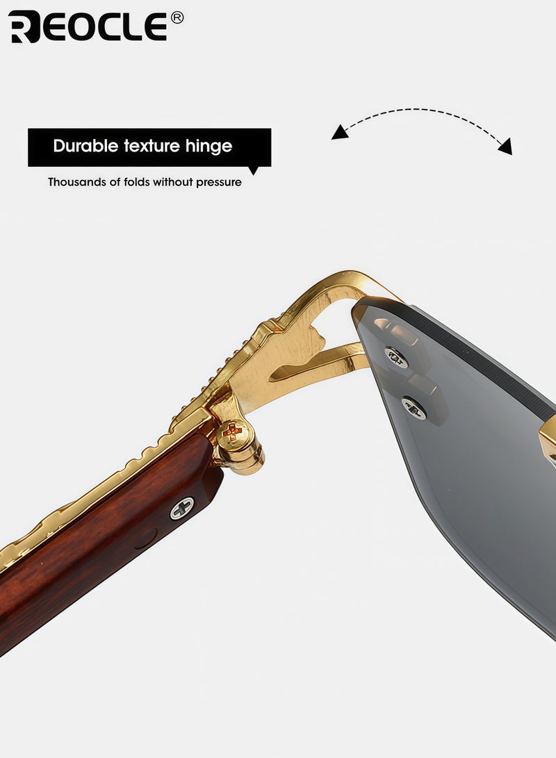 ريوكل نظارات شمسية للجنسين بنمط جلد النمر مع عدسات بولي كربونات عاكسة وتصميم مفصلات معدنية، نظارات عصرية مع دعم من حبيبات الخشب للارتداء أثناء السفر والحفلات - Image 5