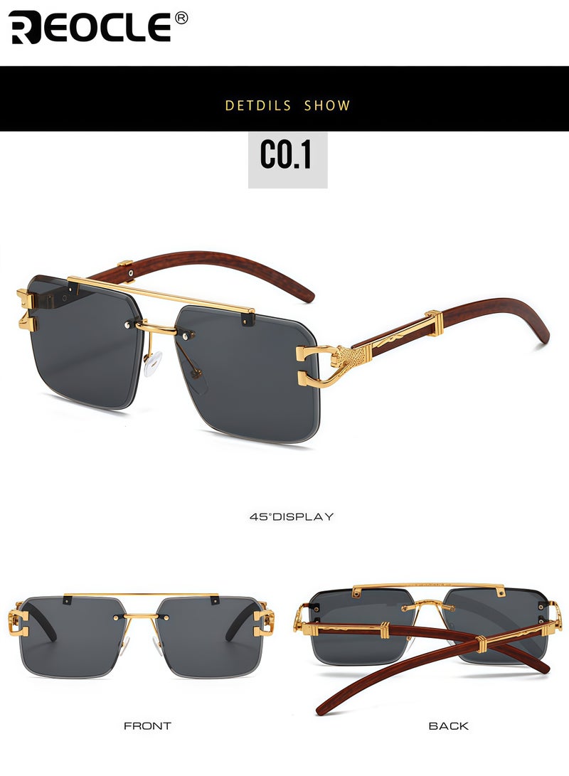 ريوكل نظارات شمسية للجنسين بنمط جلد النمر مع عدسات بولي كربونات عاكسة وتصميم مفصلات معدنية، نظارات عصرية مع دعم من حبيبات الخشب للارتداء أثناء السفر والحفلات - Image 3