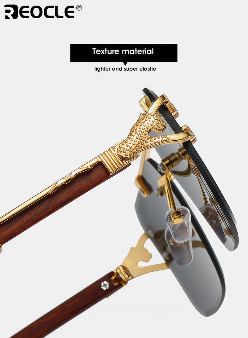ريوكل نظارات شمسية للجنسين بنمط جلد النمر مع عدسات بولي كربونات عاكسة وتصميم مفصلات معدنية، نظارات عصرية مع دعم من حبيبات الخشب للارتداء أثناء السفر والحفلات - Image 4