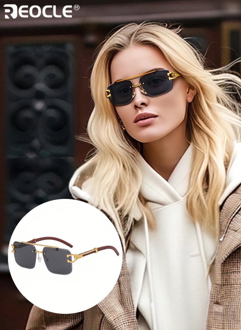 ريوكل نظارات شمسية للجنسين بنمط جلد النمر مع عدسات بولي كربونات عاكسة وتصميم مفصلات معدنية، نظارات عصرية مع دعم من حبيبات الخشب للارتداء أثناء السفر والحفلات - Image 1