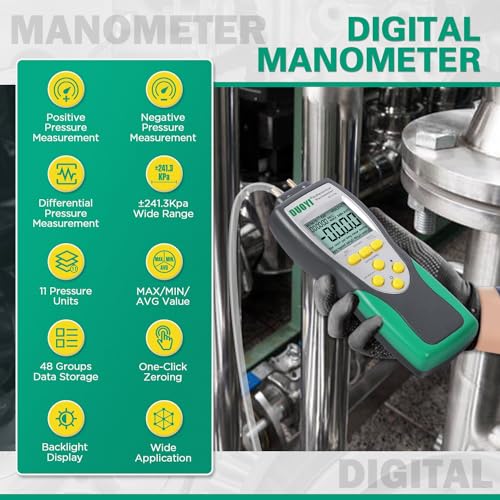 DUOYI Manometer Gas Pressure Tester 2413Kpa35Psi Wide Range Digital Manometer Lp Gas Pressure Tester with 11 Pressure Units MAXMINAVG Measurement Data StorageHold 9V Battery - Image 3