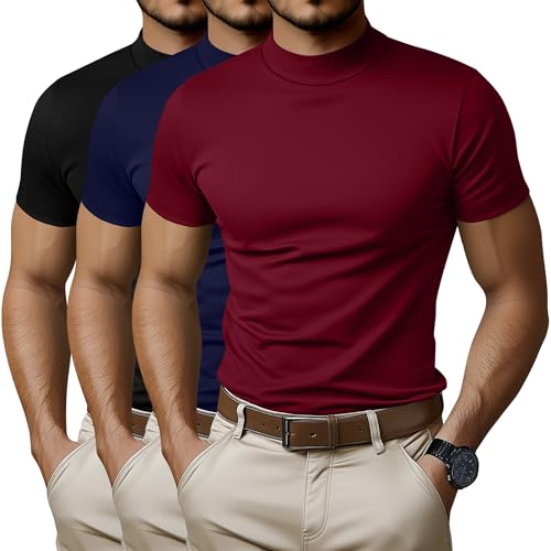 Ficerd 3 Pack Men's Mock Neck T Shirts, Cotton Short Sleeve Turtleneck Tee Shirts Slim Fit Basic Casual Solid Undershirt Tops(Medium,Black, Navy Blue, Wine Red) - Image 1