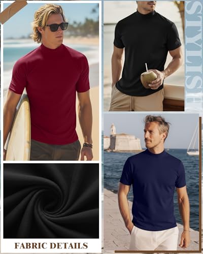Ficerd 3 Pack Men's Mock Neck T Shirts, Cotton Short Sleeve Turtleneck Tee Shirts Slim Fit Basic Casual Solid Undershirt Tops(Medium,Black, Navy Blue, Wine Red) - Image 4