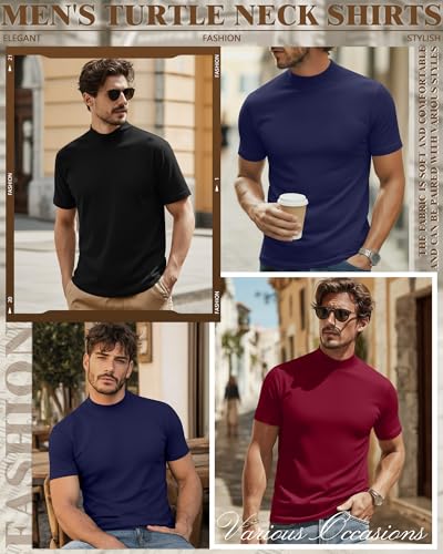 Ficerd 3 Pack Men's Mock Neck T Shirts, Cotton Short Sleeve Turtleneck Tee Shirts Slim Fit Basic Casual Solid Undershirt Tops(Medium,Black, Navy Blue, Wine Red) - Image 2