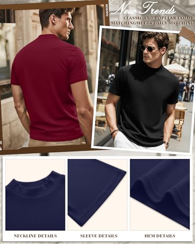 Ficerd 3 Pack Men's Mock Neck T Shirts, Cotton Short Sleeve Turtleneck Tee Shirts Slim Fit Basic Casual Solid Undershirt Tops(Medium,Black, Navy Blue, Wine Red) - Image 5