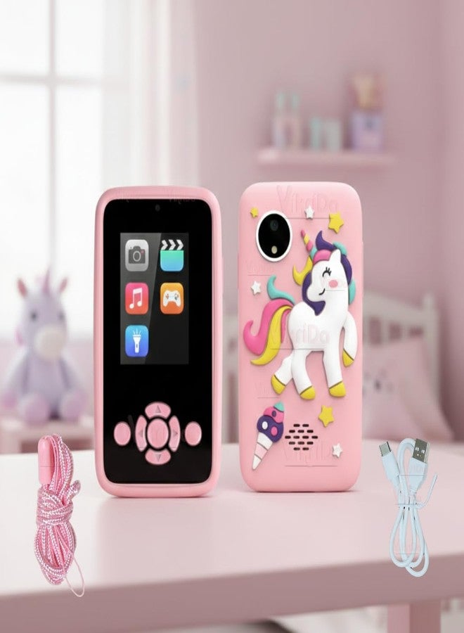 Vikrida Plastic Kids Smartphone Toy with MP3 Music Player Bumper Back Case Dual Camera for Selfies in-Built Games 2.4" Screen 8MP Camera Toys for Boys & Girls (Pink Uni) - Image 1
