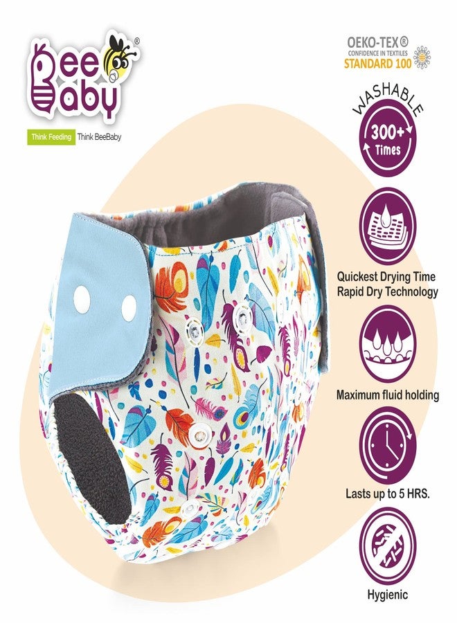 BeeBaby Bumtelligent Free Size Pocket Style Cotton Cloth Baby Diaper & 2 Grey RapiDry Pads/Inserts | High absorbent, Adjustable, Reusable, & Washable | 0 to 3 Years. (Feathers - Light Blue) - Image 3