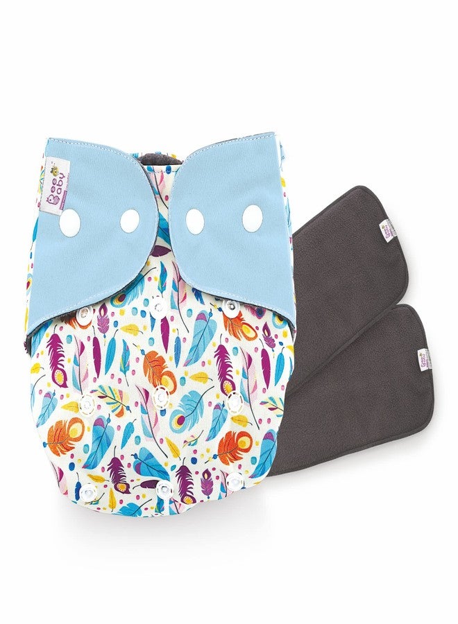 BeeBaby Bumtelligent Free Size Pocket Style Cotton Cloth Baby Diaper & 2 Grey RapiDry Pads/Inserts | High absorbent, Adjustable, Reusable, & Washable | 0 to 3 Years. (Feathers - Light Blue) - Image 1