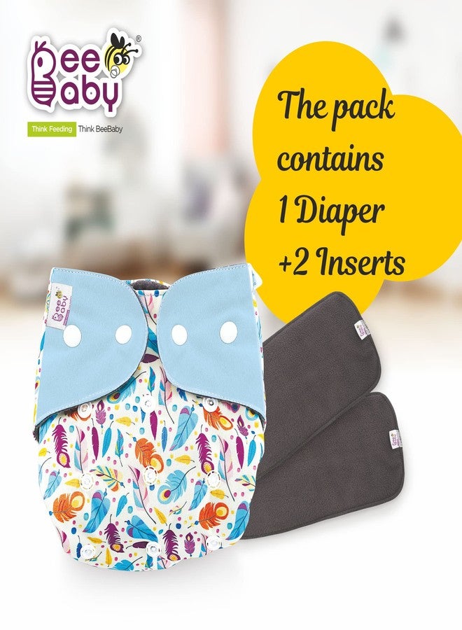 BeeBaby Bumtelligent Free Size Pocket Style Cotton Cloth Baby Diaper & 2 Grey RapiDry Pads/Inserts | High absorbent, Adjustable, Reusable, & Washable | 0 to 3 Years. (Feathers - Light Blue) - Image 2