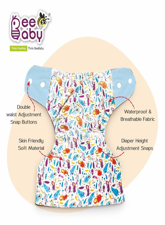 BeeBaby Bumtelligent Free Size Pocket Style Cotton Cloth Baby Diaper & 2 Grey RapiDry Pads/Inserts | High absorbent, Adjustable, Reusable, & Washable | 0 to 3 Years. (Feathers - Light Blue) - Image 5