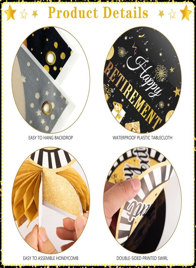 THAWAY Retirement Party Decorations for Men Women 109Pcs Black Gold Happy Retirement Decorations Retirement Banner Backdrop Balloons Sash Hanging Swirls Pompoms Tablecloth Honeycomb Centerpiece(Black Gold) - Image 4