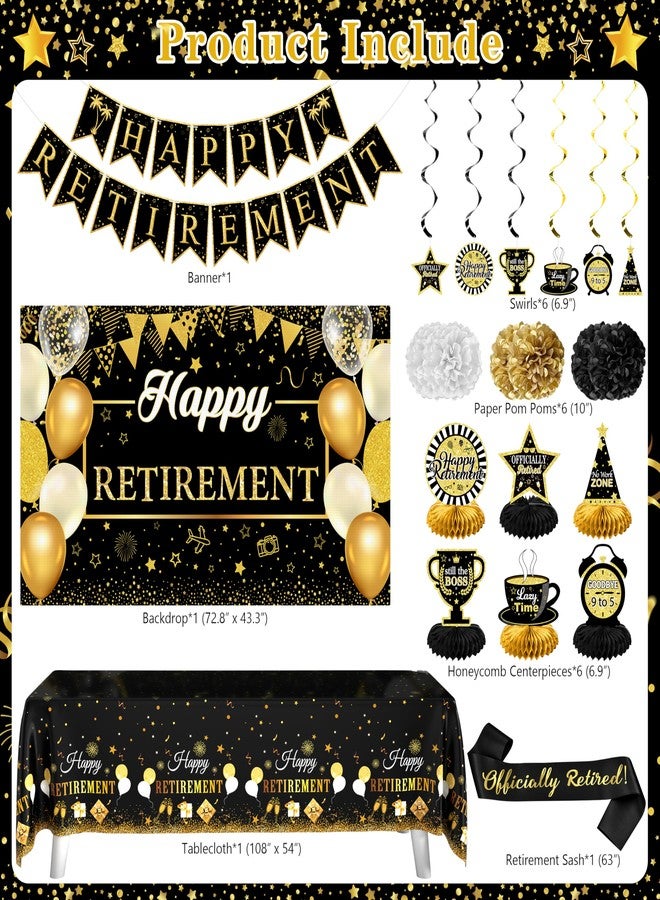 THAWAY Retirement Party Decorations for Men Women 109Pcs Black Gold Happy Retirement Decorations Retirement Banner Backdrop Balloons Sash Hanging Swirls Pompoms Tablecloth Honeycomb Centerpiece(Black Gold) - Image 2