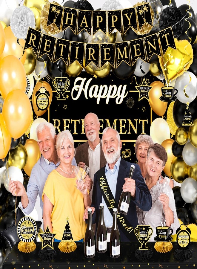 THAWAY Retirement Party Decorations for Men Women 109Pcs Black Gold Happy Retirement Decorations Retirement Banner Backdrop Balloons Sash Hanging Swirls Pompoms Tablecloth Honeycomb Centerpiece(Black Gold) - Image 5