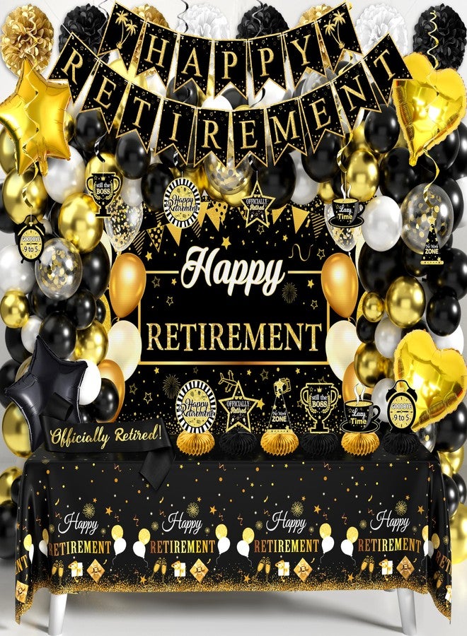 THAWAY Retirement Party Decorations for Men Women 109Pcs Black Gold Happy Retirement Decorations Retirement Banner Backdrop Balloons Sash Hanging Swirls Pompoms Tablecloth Honeycomb Centerpiece(Black Gold) - Image 1
